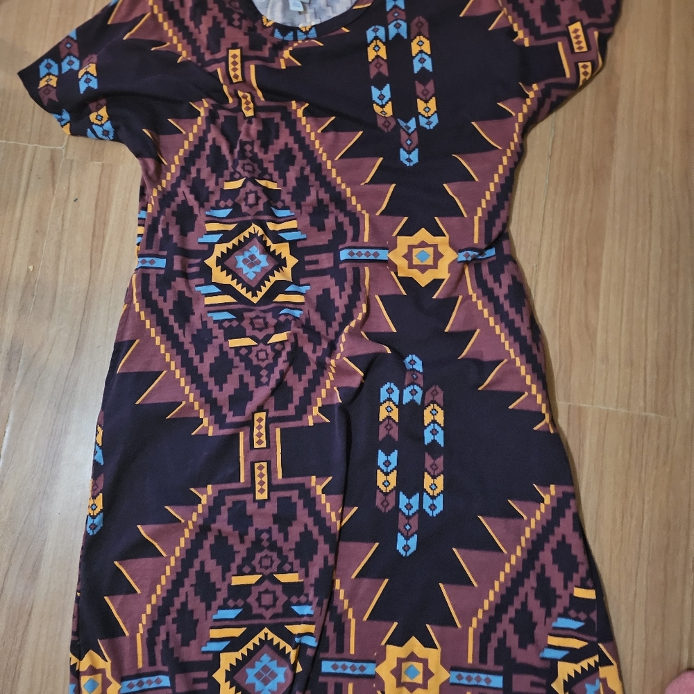 LuLaRoe Geometric Print Midi Dress - Black, Blue, Yellow